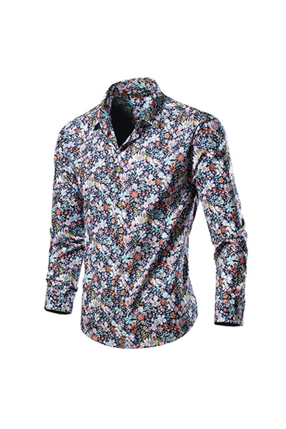 Men Floral Dress Shirts Long Sleeve Casual Button -Down Flower Printed Cotton Shirts (Available In Big Size) Multicolor M