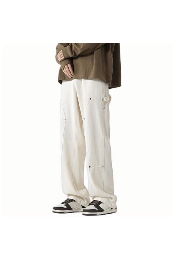 Men'S Cargo Pants Straight-Leg Work Pants Retro Rivets Design Pants Open Bottom Trousers With Pockets Beige 4X-Large