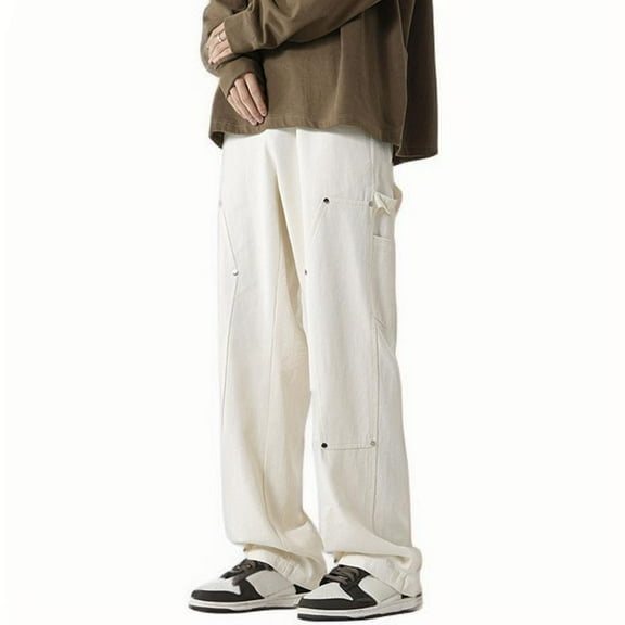 Aueoeo Men'S Cargo Pants Straight-Leg Work Pants Retro Rivets Design Pants Open Bottom Trousers With Pockets Beige L