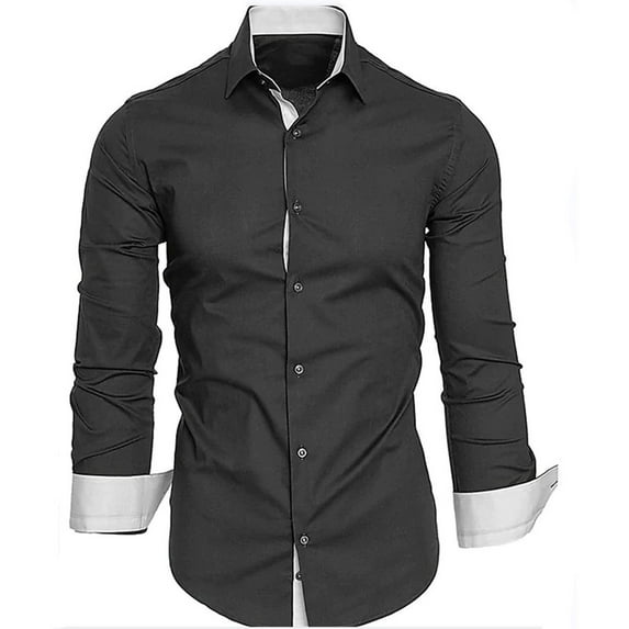 Aueoeo Men'S Dress Shirt Regular Fits Soild Casual Business Shirts Gentlemen Formal Long Sleeve Button Shirts With Pocket Black M