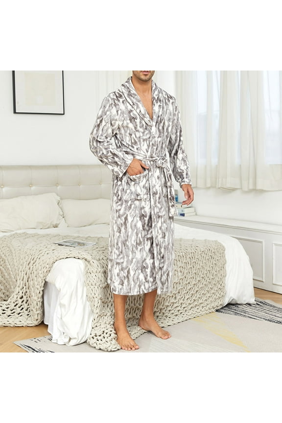 Men'S Flannel Bathrobe Pythons Print Bathrobe Thermal Home Coat Quick-Drying Fuzzy Bathrobe Pajamas Black L