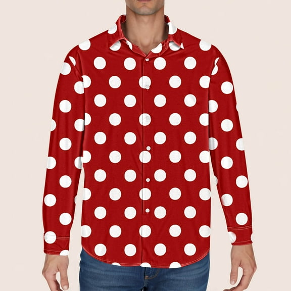 Aueoeo Men'S Oversize Shirt Polka Dots Printed Dress Shirt Long Sleeve Button Up Shirts Lapel Collar Top Red 5X-L