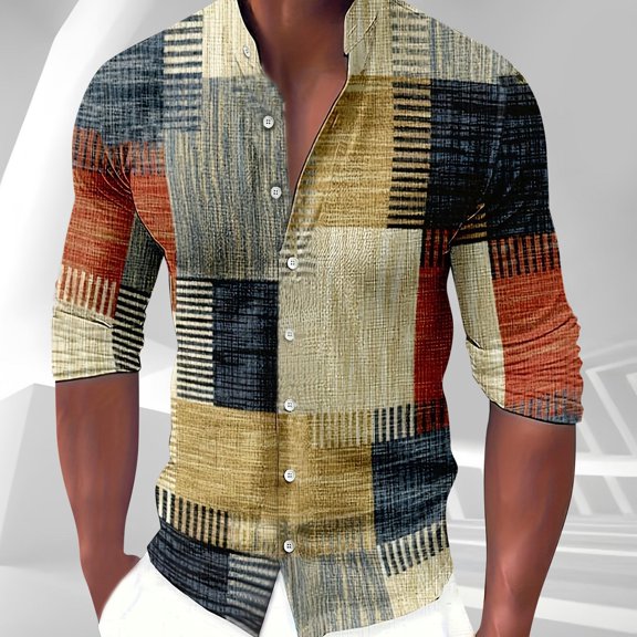 Aueoeo Men'S Regular Fits Dress Shirts Trend Color Block Shirt Long Sleeved Button Up Collar Shirt With Contrasting Color Blocks Orange L