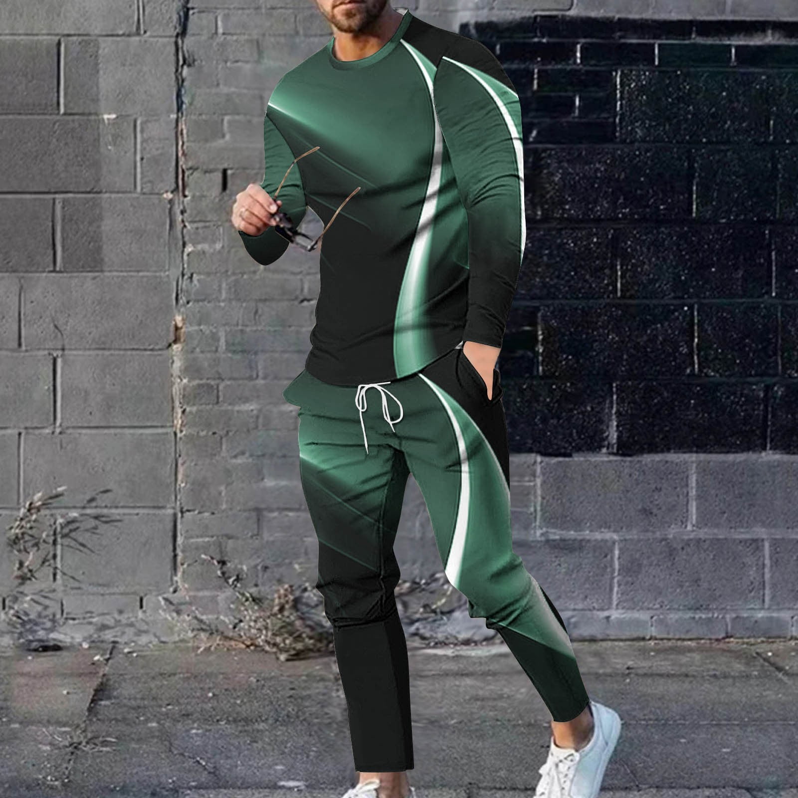 Aueoeo Men Two Piece Sweatsuits Set Printed Round Neck Long Sleeve ...