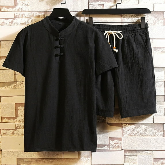 Aueoeo Men's 2 Piece Cotton Linen Set Short Sleeve Crew Neck Shirts Summer Beach Shorts Plus Size Casual Outfits