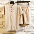 thumbnail image 1 of Aueoeo Men's 2 Piece Cotton Linen Set Short Sleeve Crew Neck Shirts Summer Beach Shorts Plus Size Casual Outfits, 1 of 5