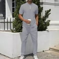 thumbnail image 1 of Aueoeo Men's 2 Piece Shirt Set Short Sleeve V Neck Zipper Pullover Casual Long Pants Outfits Formal Business Outfits, 1 of 3
