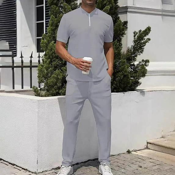 Aueoeo Men's 2 Piece Shirt Set Short Sleeve V Neck Zipper Pullover Casual Long Pants Outfits Formal Business Outfits