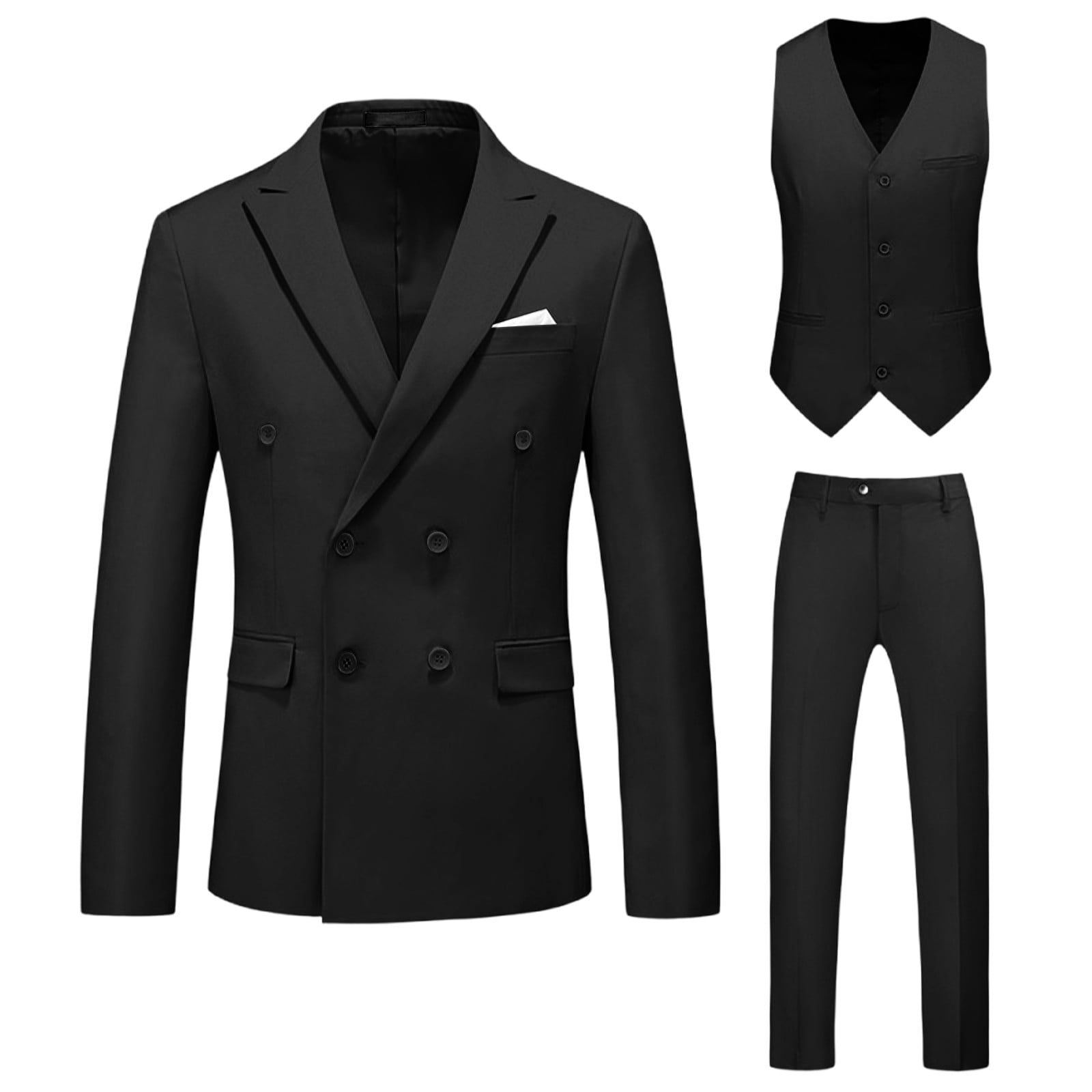 Men 3 Piece Slim Fit Double Vested  Black Suit