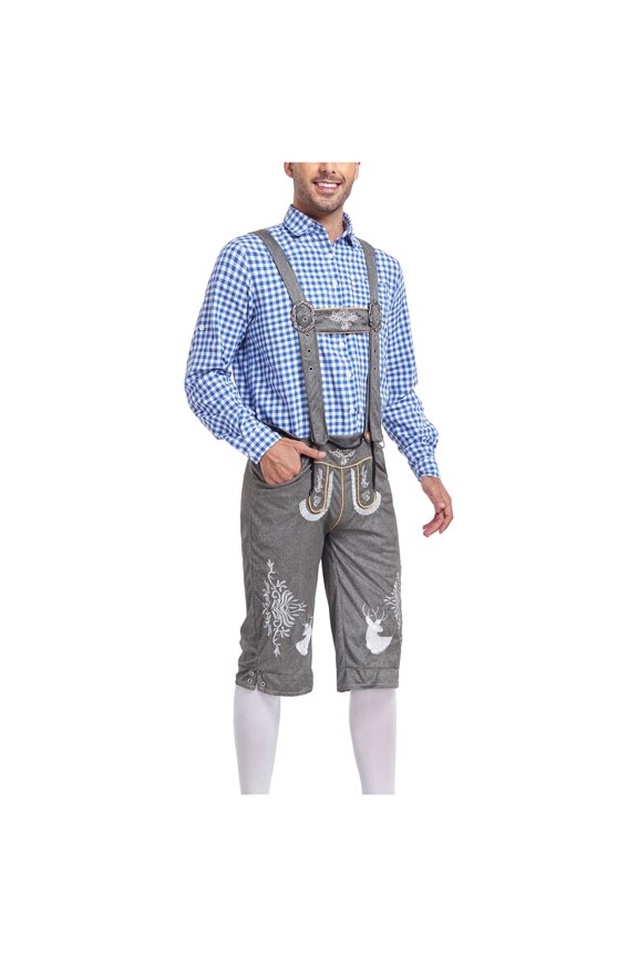 Men's Beer Outfit Festival Long Sleeve Collar Checkered Printed Shirt Drawstring Wide Le Strap Shorts Set