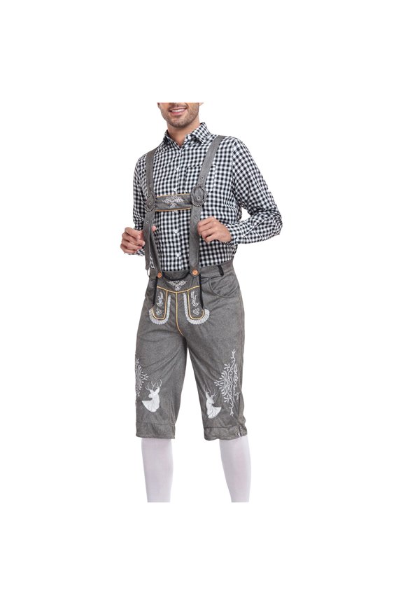 Men's Beer Outfit Festival Long Sleeve Collar Checkered Printed Shirt Drawstring Wide Le Strap Shorts Set
