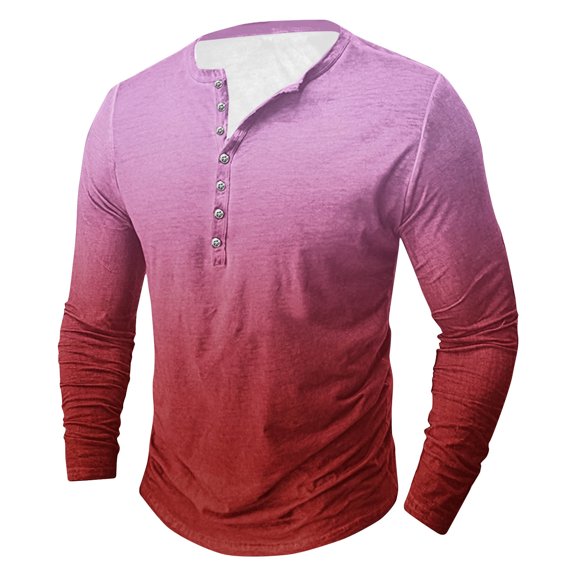 Aueoeo Men's Button Neck T-Shirt Color Gradient Long Sleeve Casual Pullover Shirts Soft Stretch Basic Tees Spring Top 5X-L