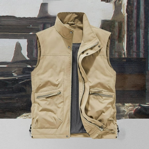 Aueoeo Men's Cargo Vests Full Zipper Outdoor Sleeveless Jackets Casual Sports Multi Pockets Work Waistcoat