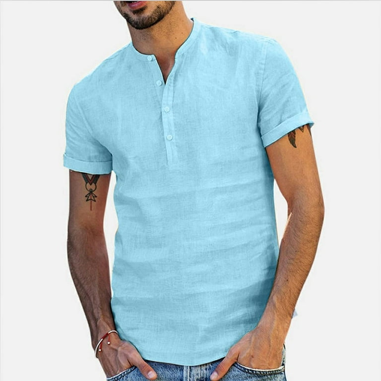 Aueoeo Men's Casual Henley Shirts Short Sleeve Fashion Classic Slim Fit  Shirt Button Cotton Linen Basic T-Shirt 