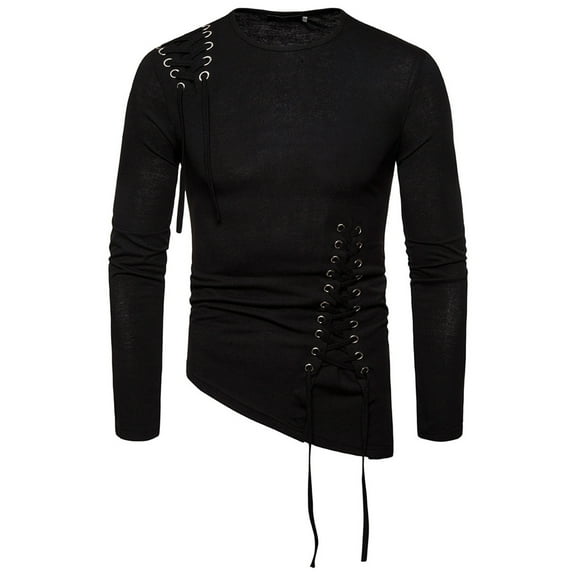 Aueoeo Men's Casual Shirts Long Sleeve Round Neck Casual Summer Shirts Beach Wedding Shirt with Side Lace Up Drawstring L