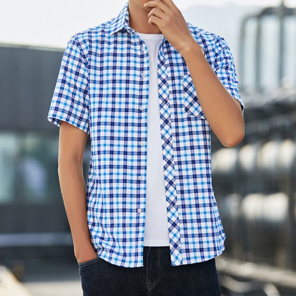 Aueoeo Men's Casual Short Sleeve Button-Up Striped Plaid Dress Shirts Beach Shirt Daily Work Regular Fits Lightweight Tees