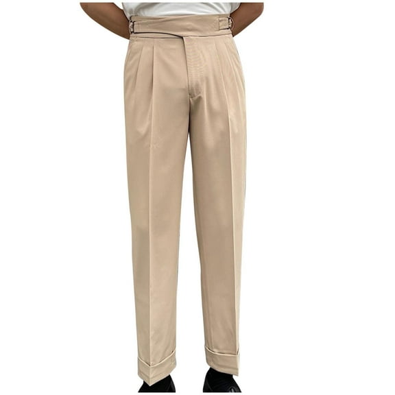 Aueoeo Men's Classic Dress Pants Cotton Pants Fits Expandable-Waist Flat Front Casual Trousers with Pockets Khaki L