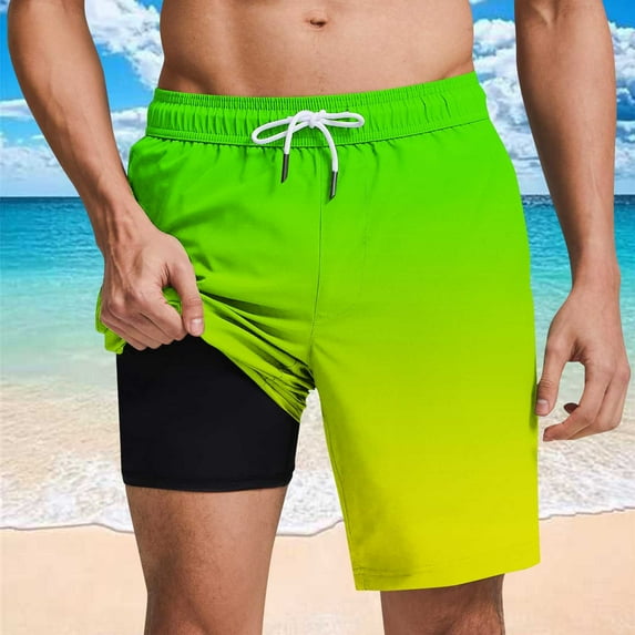 Aueoeo Men's Color Gradient Shorts Summer Beach Shorts Hawaiian Swim Trunks Sports Bathing Suits with Mesh Lining Green 3X-L