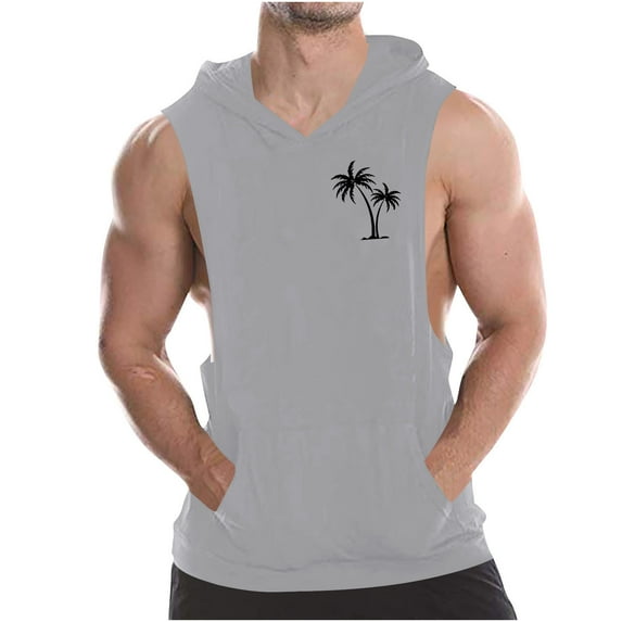 Aueoeo Men's Cotton Hoodie Tank Top Sports Sleeveless Pullover Solid Color Round Neck Fitness Muscular Clothes Top