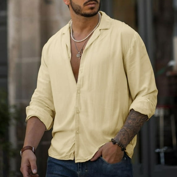 Aueoeo Men's Cotton Linen Shirt Casual Long Sleeve Button Up Shirt Solid Color Regular Fit Blouse Tops