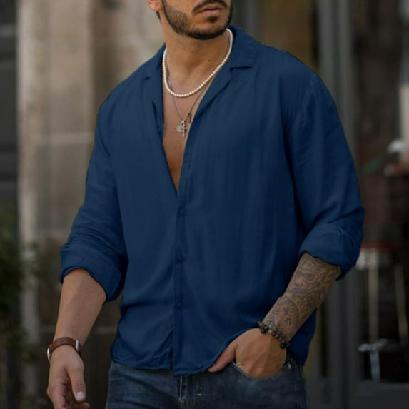 Aueoeo Men's Cotton Linen Shirt Casual Long Sleeve Button Up Shirt Solid Color Regular Fit Blouse Tops