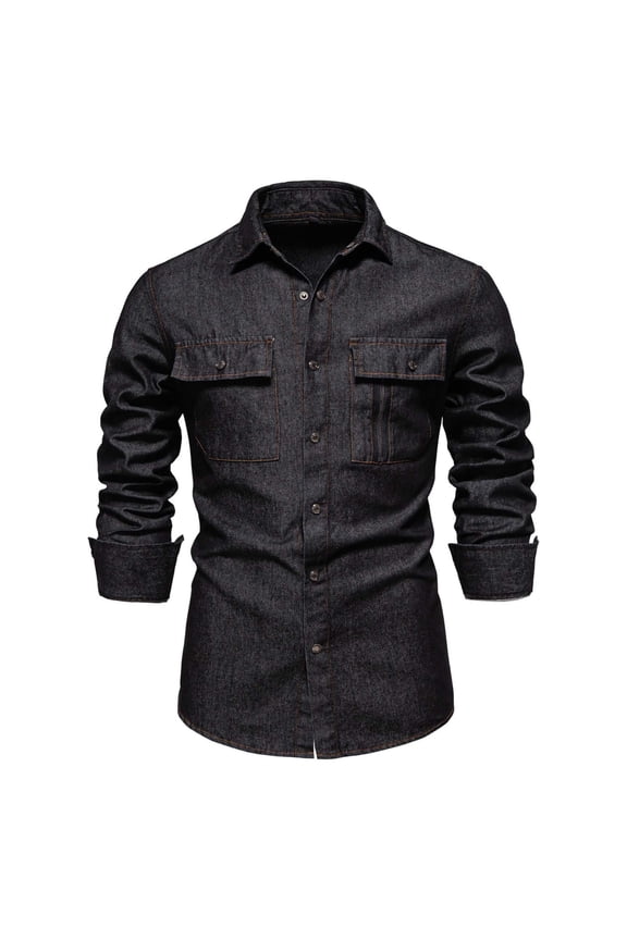 Men's Denim Workwear Jacket Loose Casual Long Sleeved Snap Button Jacket Laple Collar with Chest Pockets