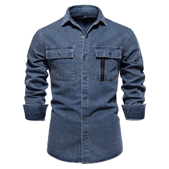 Aueoeo Men's Denim Workwear Jacket Loose Casual Long Sleeved Snap Button Jacket Laple Collar with Chest Pockets