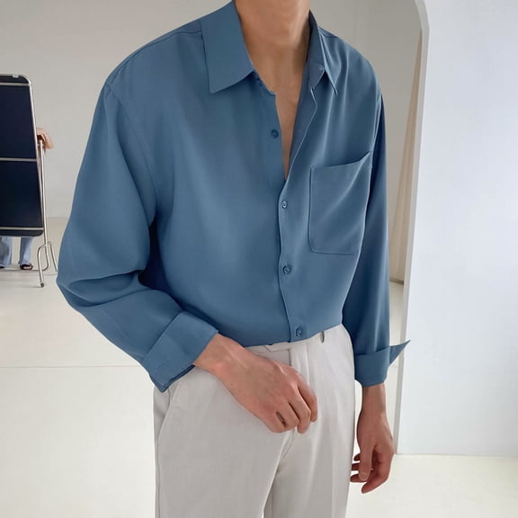 Aueoeo Men's Dress Shirts,Long Sleeve Shirts for Men Men's Casual And Fashionable Solid Color Button Pocket Long Sleeved Lapel Shirt Black Long Sleeve Shirt Men On Clearance