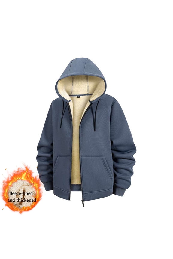 Men's Fall Jacket Zip Up Fleece Solid Color Jackets Winter Warm Fuzzy Lined Coat Hoodie with Pokect