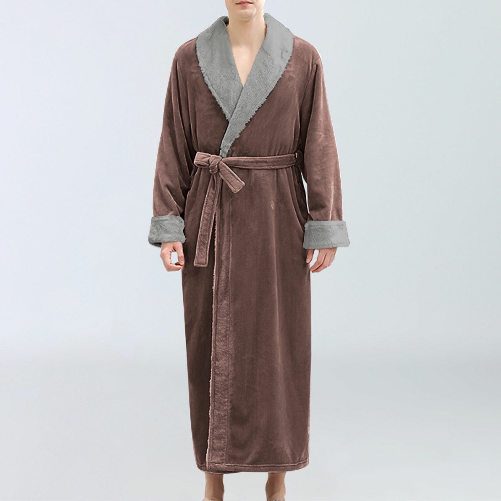 Aueoeo Men's Flannel Nightgown Shawl Collar Bathrobe Warm Fleece ...