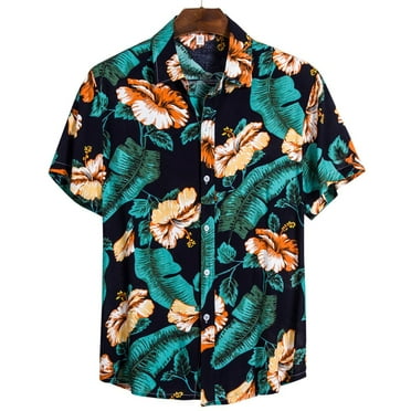 Aueoeo Men's Floral Printed Shirt Shor Sleeve Summer Casual Hawaiian Button Up Holiday Beach Fashion Shirts L