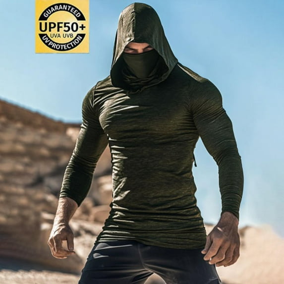 Aueoeo Men's Hooded Shirts with Mask Fishing Shirts Slim Fitted Long Sleeve UPF 50 Sun Protection Hoodies Hiking Shirts