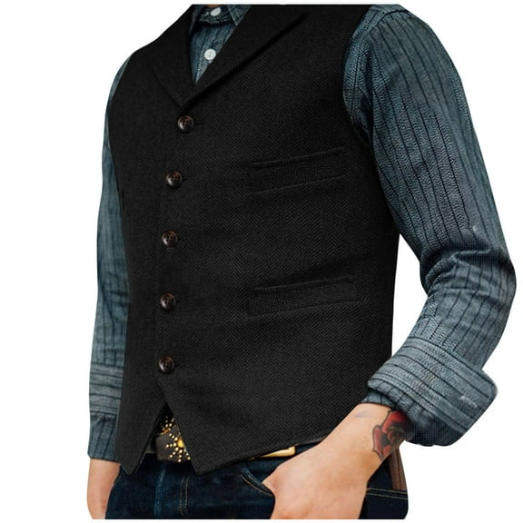 Aueoeo Men's Laple Collar Vests Vintage Suit Sleeveless Waistcoat Button Up Jacket For Wedding Groomsmen