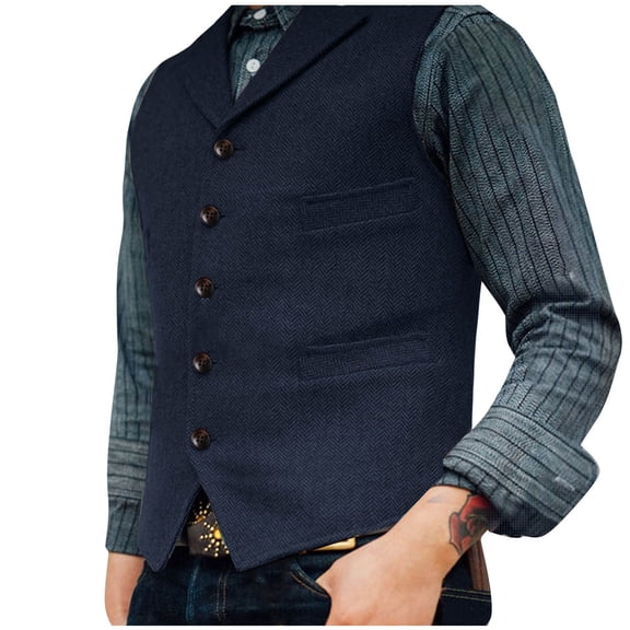 Aueoeo Men's Laple Collar Vests Vintage Suit Sleeveless Waistcoat Button Up Jacket For Wedding Groomsmen