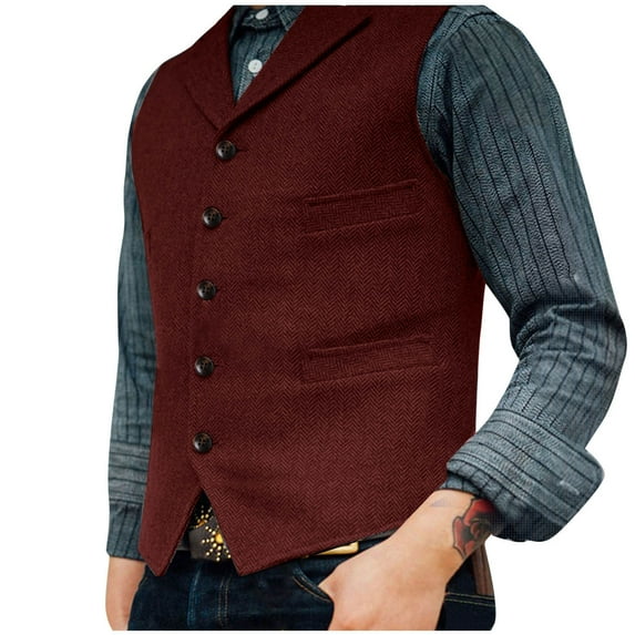 Aueoeo Men's Laple Collar Vests Vintage Suit Sleeveless Waistcoat Button Up Jacket For Wedding Groomsmen