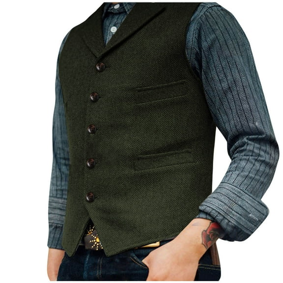 Aueoeo Men's Laple Collar Vests Vintage Suit Sleeveless Waistcoat Button Up Jacket For Wedding Groomsmen