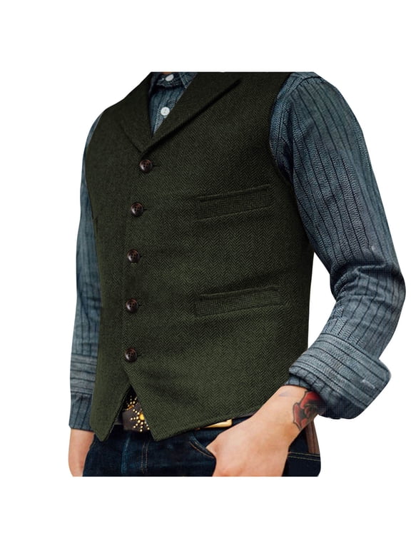 Men's Laple Collar Vests Vintage Suit Sleeveless Waistcoat Button Up Jacket For Wedding Groomsmen
