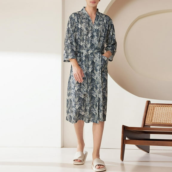 Aueoeo Men's Lightweigh Robe Printed Japanese Style Bathrobes Casual Open Front Nightown Long Cardigan Sleepwear Outwear Gray M