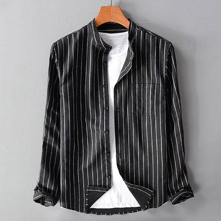Aueoeo Men's Long Sleeve Button Up Shirt Striped Cotton Linen