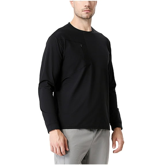 Aueoeo Men's Long Sleeve Shirt with Zipper Pocket Thin Crew Neck Shirts Casual Lightweight T-Shirt L