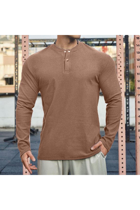Men's Long Sleeve Shirts Fashion Snap Button Crew Neck Casual Top Solid Color Lightweight Comfy T-Shirt M