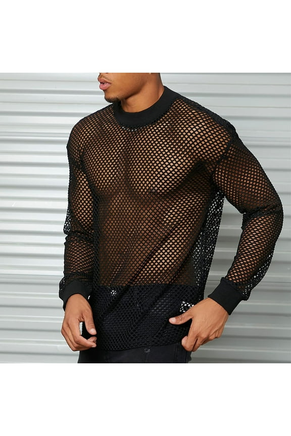 Men's Mesh Fishnet Top Long Sleeve Sheer T Shirt Fitted Muscle Blouse Clubwear Fitness Breathable Hollow Out Bottom Shirt 3X-L
