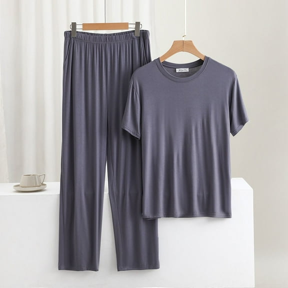 Aueoeo Men's Pajama Set Sleepwear Lightweight Quick Dry Short Sleeve Shirts Long Pants Trousers Soft Comfy Sleep Sets Gray 6XL
