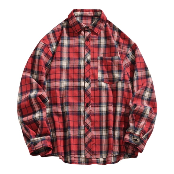 Aueoeo Men's Plaid Shirts Button Downs Regular Fitted Coat Long Sleeve Big & Tall Spring Fall Casual Jacket With Pockets Red 5X-Large