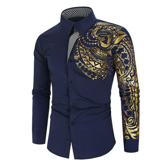 Aueoeo Men's Print Shirt Fashion Long Sleeve Regular Fits Shirts Button Up Party Casual Dress Shirts Navy M