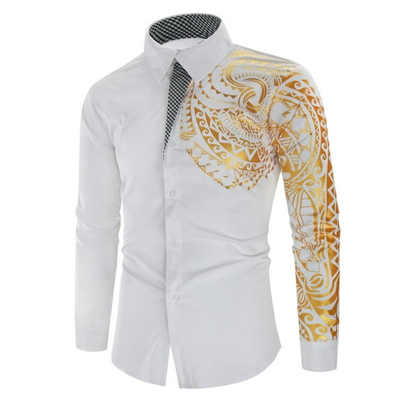 Aueoeo Men's Print Shirt Fashion Long Sleeve Regular Fits Shirts Button Up Party Casual Dress Shirts White 2X-L