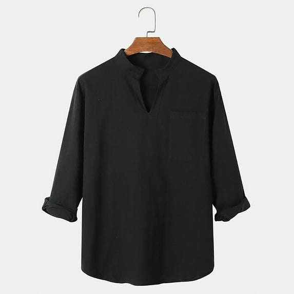 Aueoeo Men's Regular Fit Shirt Stand Collar Long Sleeve Button Shirt with Pocket Casual T-Shirt Tops Blouse