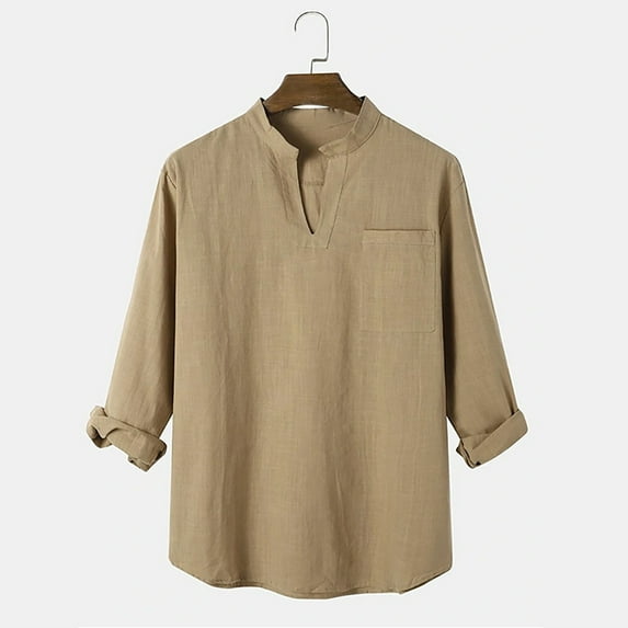 Aueoeo Men's Regular Fit Shirt Stand Collar Long Sleeve Button Shirt with Pocket Casual T-Shirt Tops Blouse