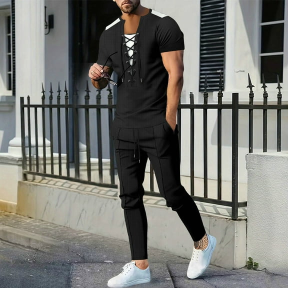 Aueoeo Men's Short Sleeve Shirt & Pants Sets Summer Two Piece Outfits Front Lace Up Tracksuit Casual Athletic Sports Suits