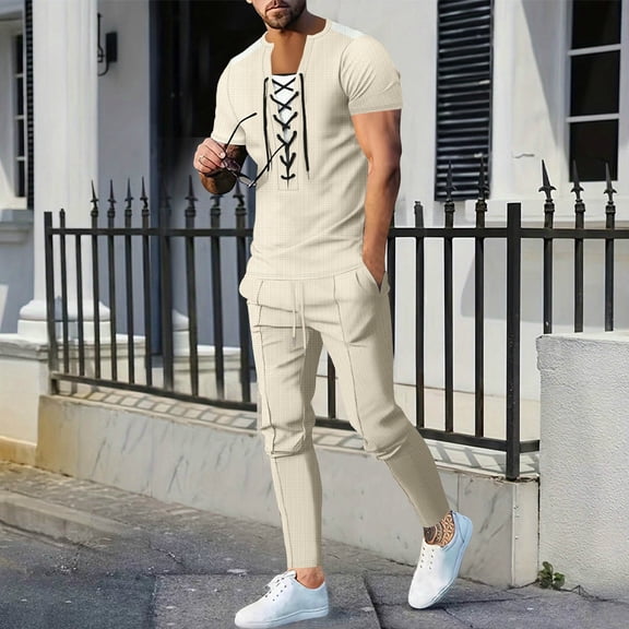 Aueoeo Men's Short Sleeve Shirt & Pants Sets Summer Two Piece Outfits Front Lace Up Tracksuit Casual Athletic Sports Suits